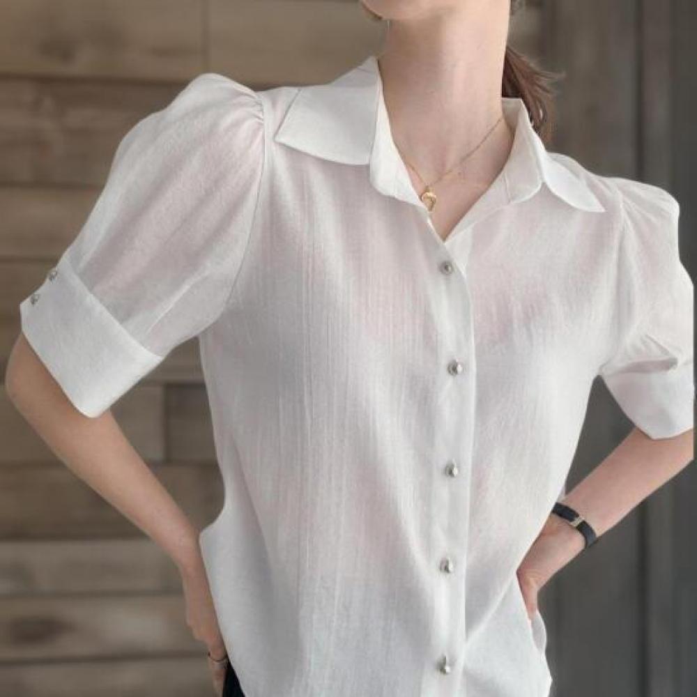 New Arrivals Open Run Women ShorT Sleeve T shirT Puff Sleeve Round buTTon