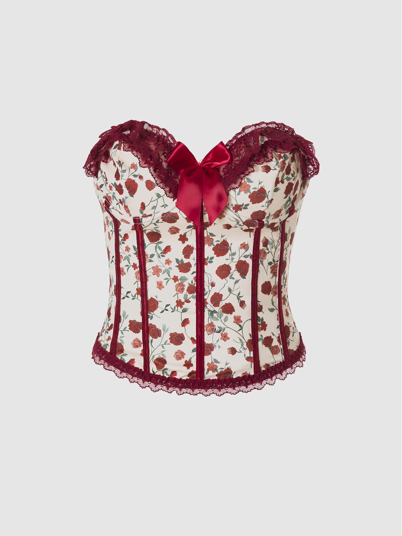 

Ретро топ-бандо из молочного шелка с завязками на талии - незаменимая вещь для французской горячей девушки Medium бордовый