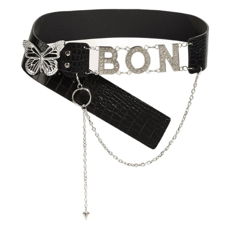 

Decorative 2000s Letter Waist Chain Sparkling Rhinestones Belt PU Leather Accessory For Women Fashion чёрный