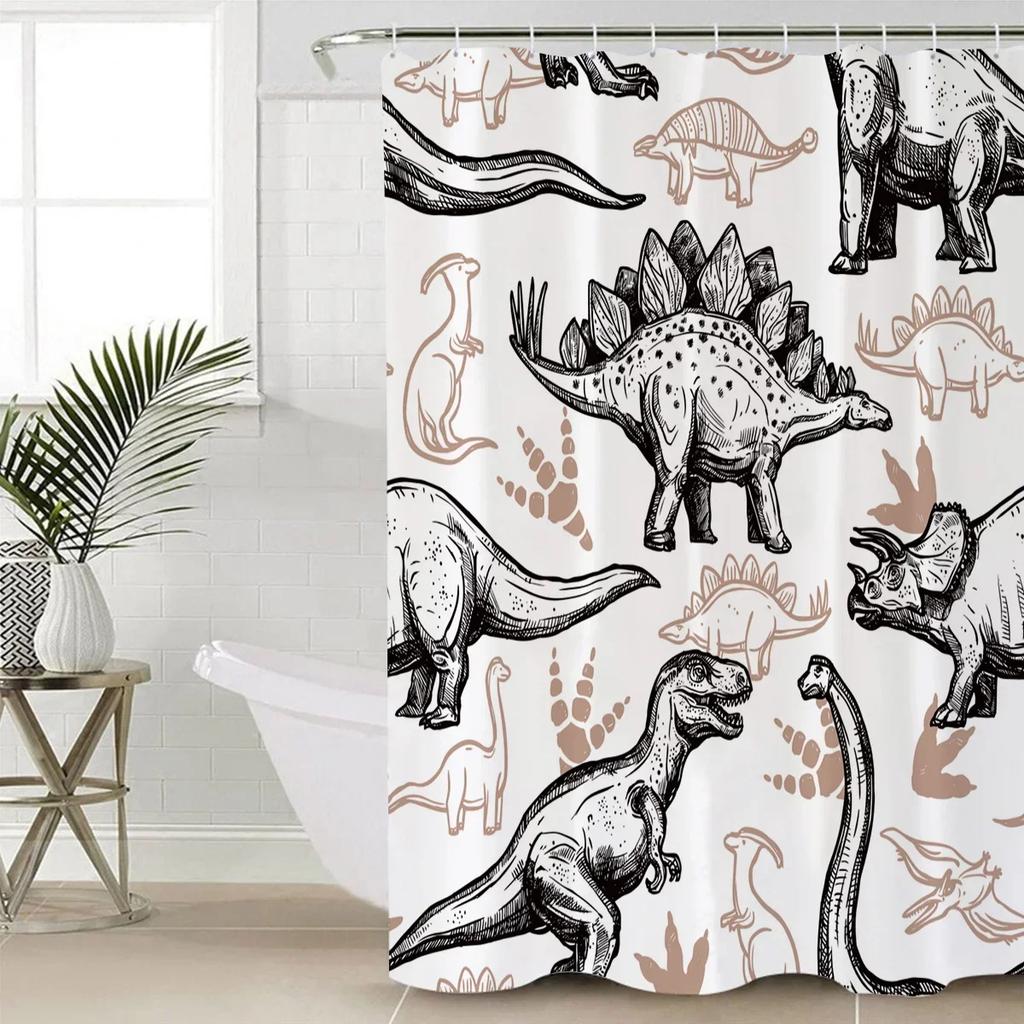 Dinosaur Sketch Shower Curtain: Fun, Vintage-Inspired Bathroom Decor for Playful, Educational Ambiance and Imaginative Touch