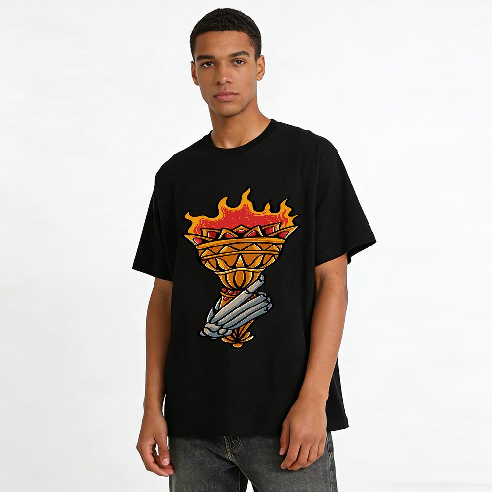 Vintage Skeleton Hand Holding Torch Print Cool Casual Short Sleeve T-Shirt Pure cotton T-shirt