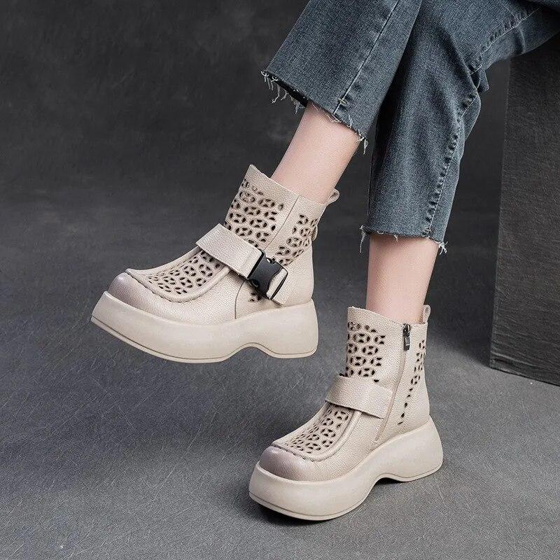 Johnature Breathable Hollow-out Boots Genuine Leather Lightweight Platform Sandals Thick Sole Women's Shoes