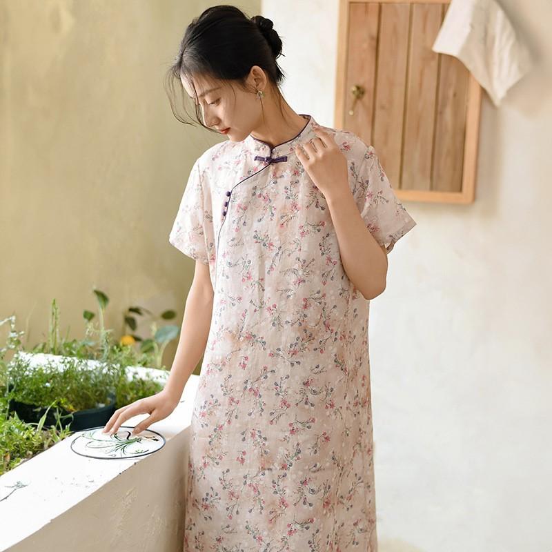 Johnature Women Vintage Print Floral Dress Stand Button Short Sleeve Summer Chinese Style Dress