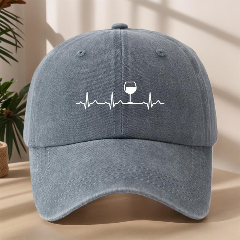 Heartbeat Red Wine Glass Printed Baseball Cap Classic Washed Retro Hat Lightweight Soft Sweat-Absorbent Peaked Cap