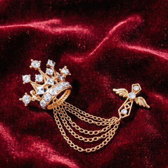 Men's Brooch Pin with Chain, British Crown Cross Angel Lapel Pin, Rhinestone Suit Badge with Tassel Chain for Men, Formal Wedding Party Suit Jacket