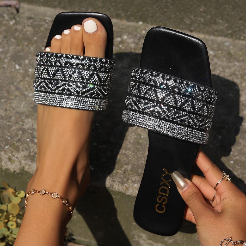 Rhinestone flat-bottomed slippers women's square head one pedal home slippers foreign trade large size FlatSlippers