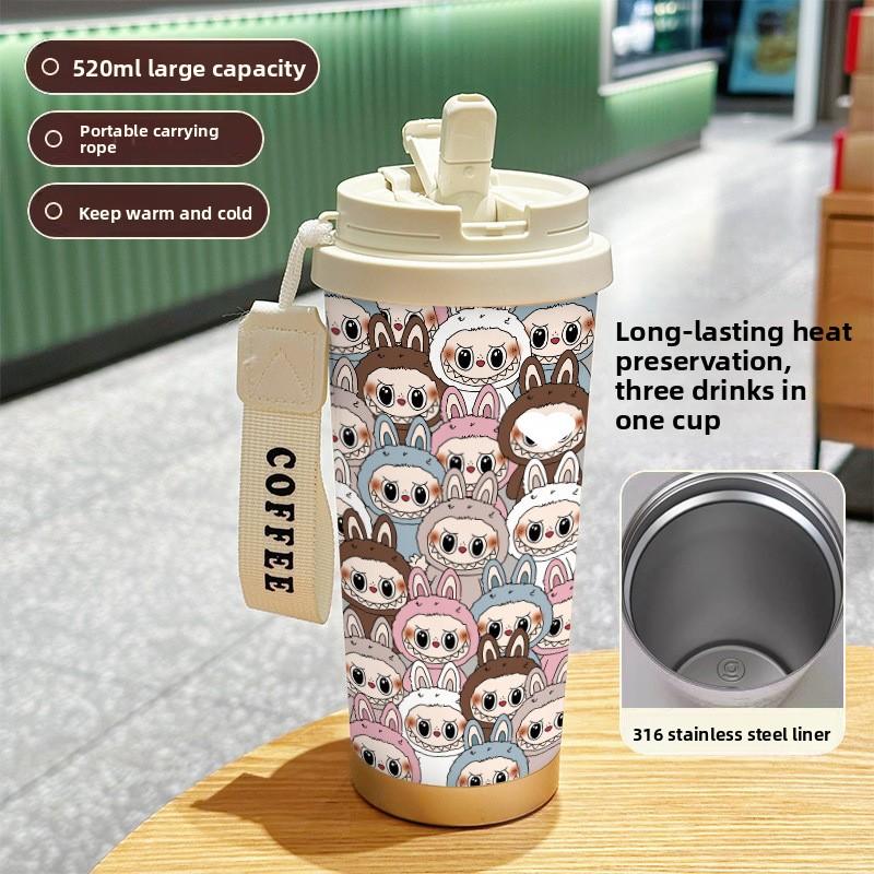 

Large-capacity Stainless Steel High-value Double-drink Thermos Cup, Seven Straws, Car Coffee Cup, Cute 520ml