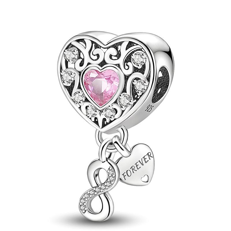Copper Pendants Zircon Pink Love Heart Charms Beads Fit Original Pan Bracelet Bangles Diy Jewelry For Women