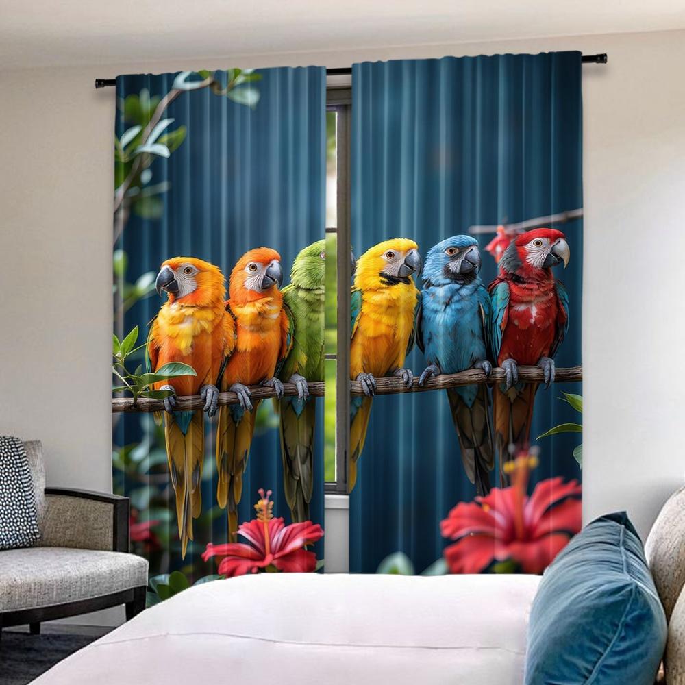 2D Flat Printing 2pcs Curtain Window Curtains Colorful Parrots On Branch Digital Printed Polyester Drapes Holiday Decorations