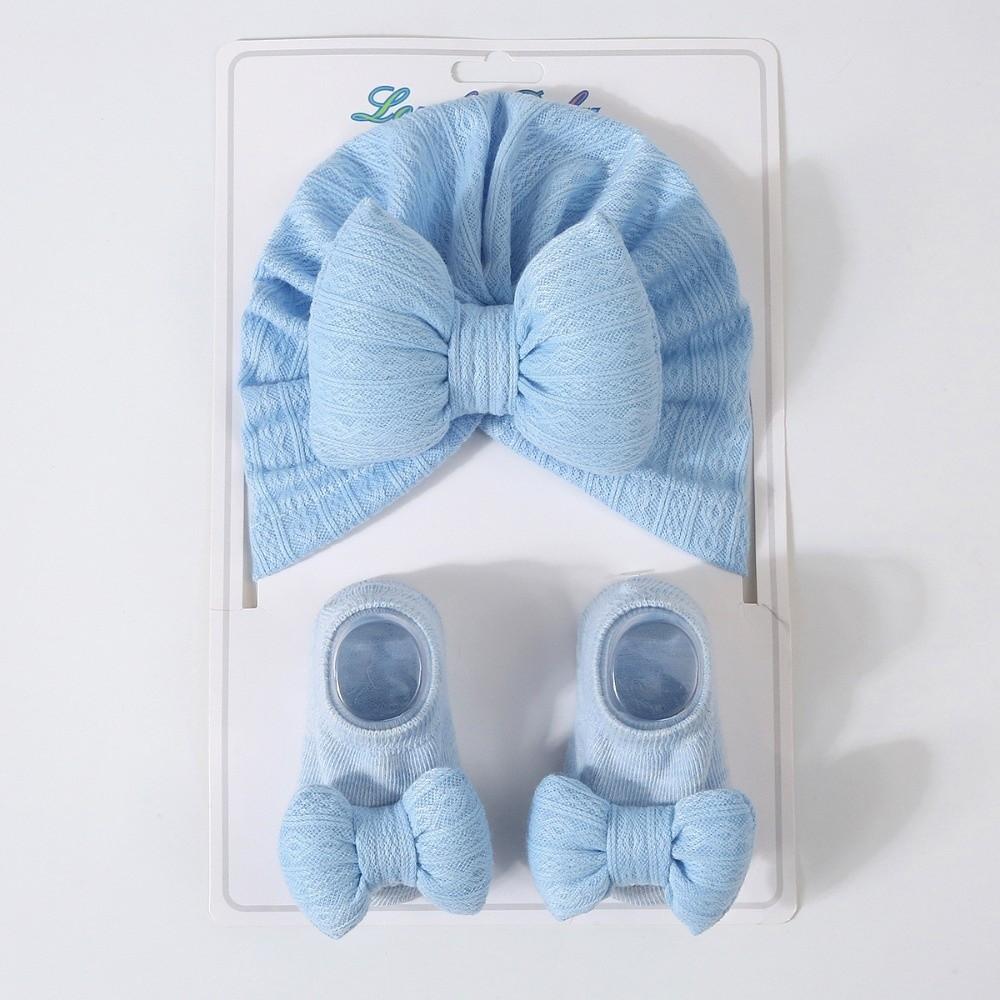 Cotton Knit Baby Hat Socks Set 0-12 Months Newborn Turban Hat Baby Bow Fetal Cap Home/Outdoor