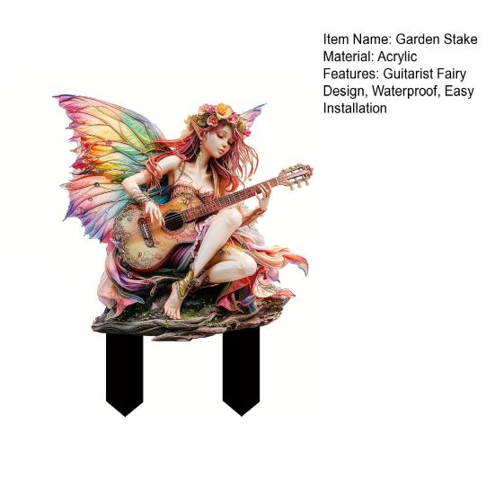 Yousheng Guitarist Fairy Garden Stake, 2D Acrylic Fairy Tale Yard Art Stake, Waterproof Flower Fairy Playing The Guitar Outdoor Decoration for Lawn