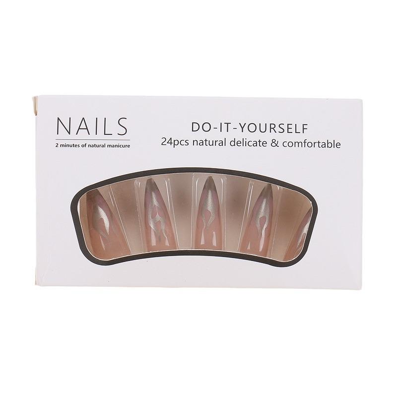 24-Piece Silver Flame Long Teardrop Nude Nail Art Set - Wearable, Removable Fake Nails