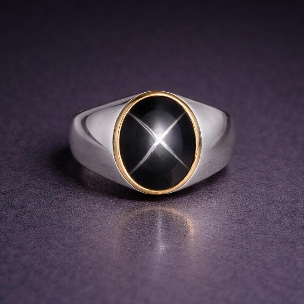 Men's Star Sapphire Ring, 925 Sterling Silver, Four Ray Star Sapphire Gemstone, Vintage Ring