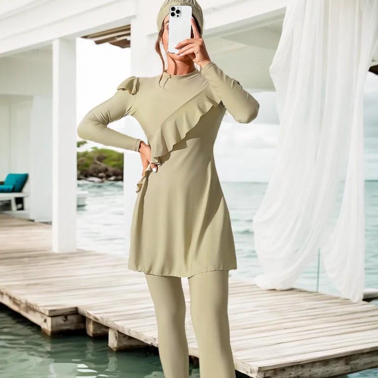 European & American Long-Sleeve One-Piece Swimdress with Slimming Pants