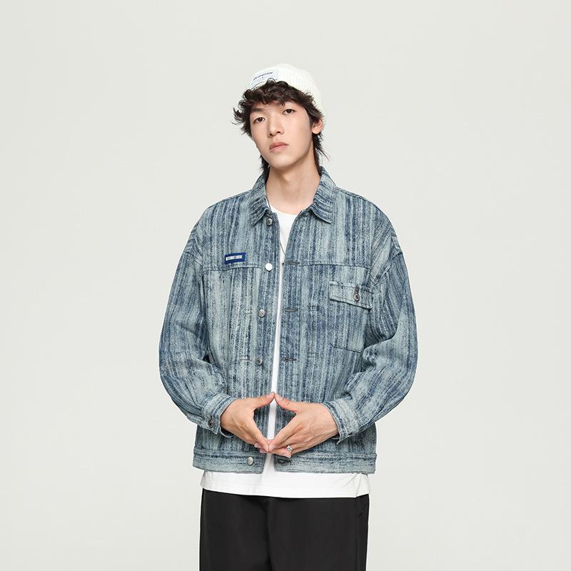 Spring High-End Pure Cotton Loose Beauty Retro Denim Jacket Men'S Striped Washed Spring Tooling Jacket Men'S