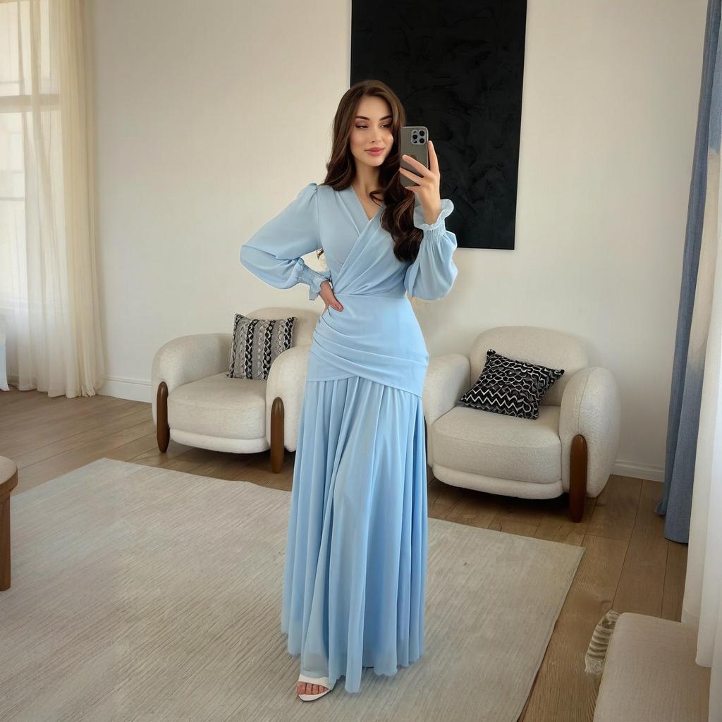 2025 Summer European & American Round Neck Bell Sleeve Slim Evening Dress for Women