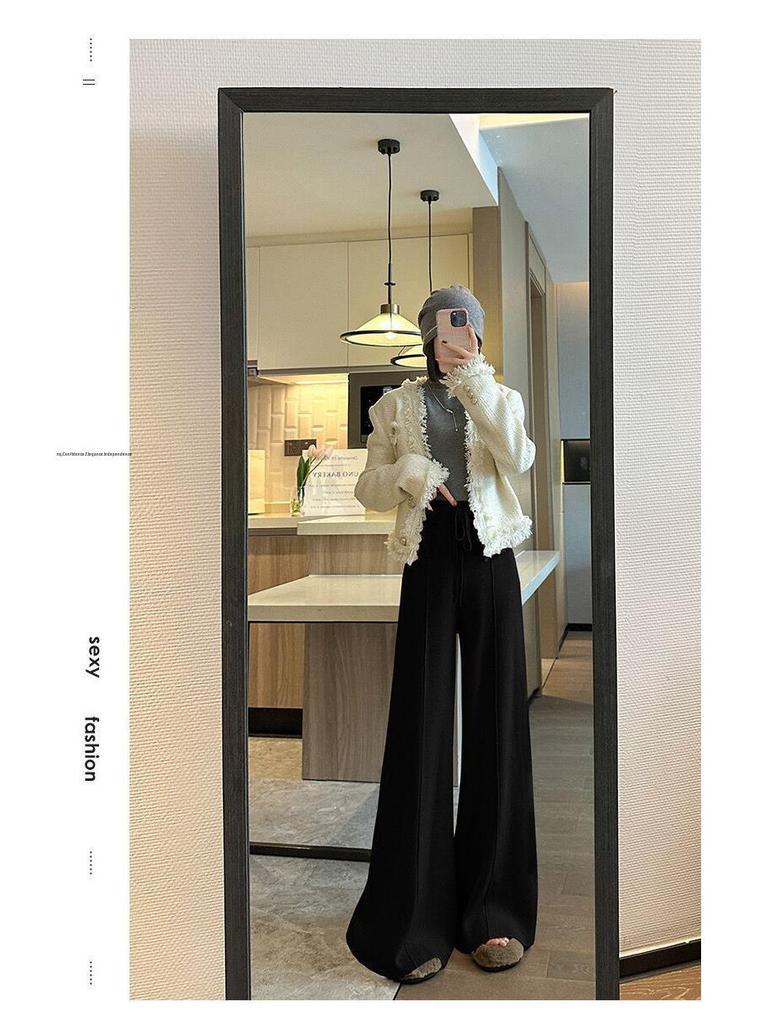 2025 Women's High-Waisted Slimming Wide-Leg Knitted Pants - Autumn/Winter Style, Loose Fit, Straight-Leg Design