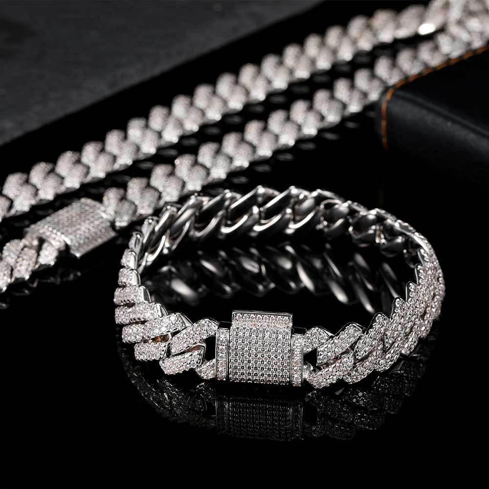 14mm Diamantový kubánský řetízek Zirkonový náramek: Evropský a americký hip-hopový styl, trendy pánský barový náramek