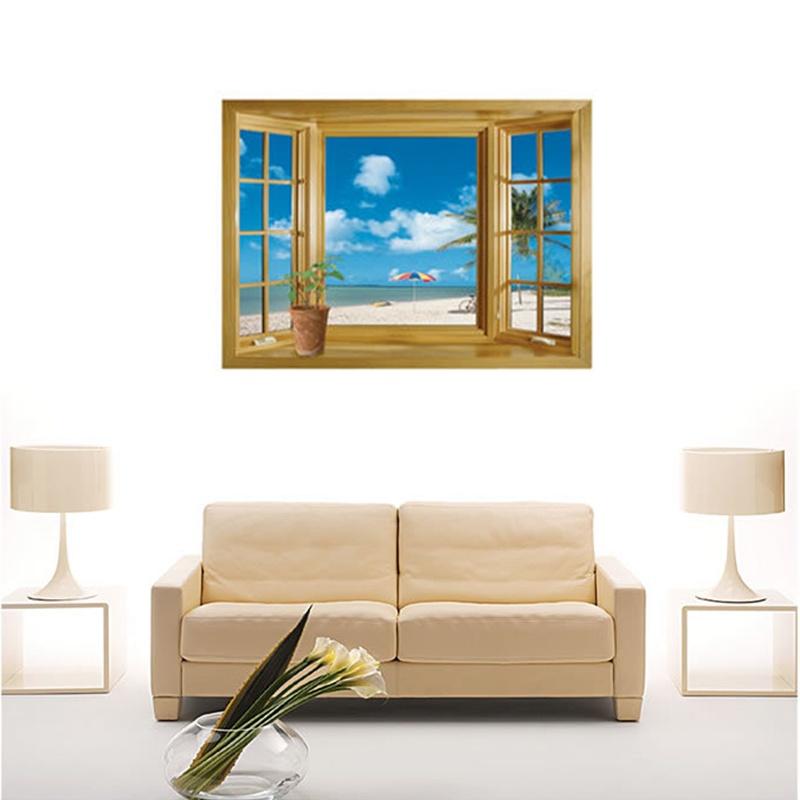 New Window 3D Print Beach View Sea Landscape Wall Stickers Art Mural Decal Wallpaper Living Room Decor