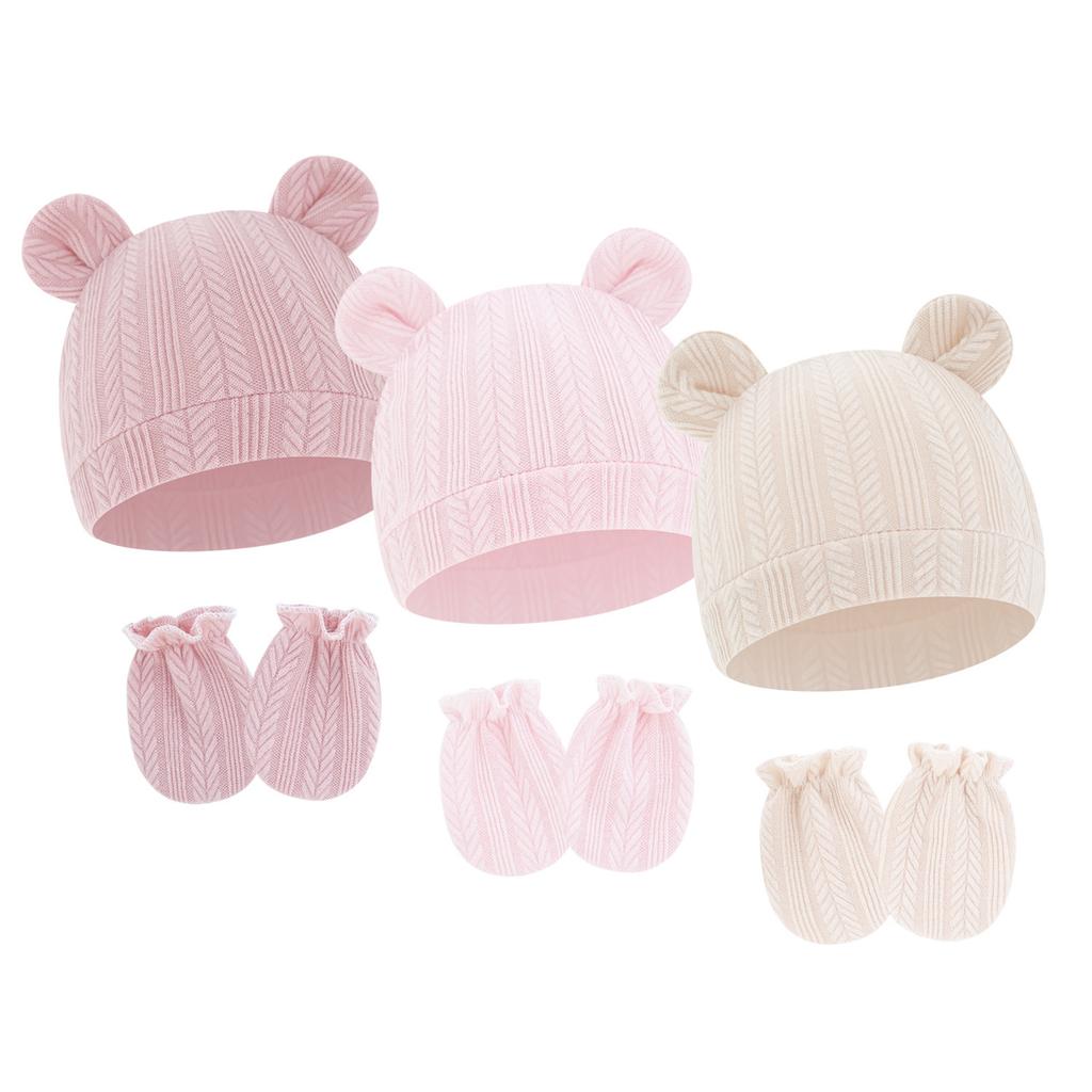 Baby Boy Girl Gloves Hat Knitted Soft No Scratch Mittens Breathable Cotton Blend Bear Ear Cap Gloves for Infant