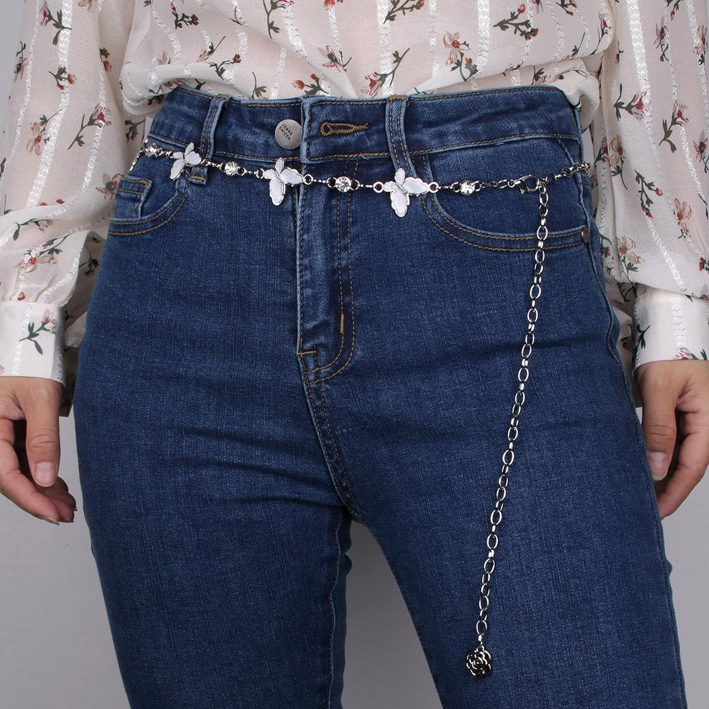 Sweet Butterfly Dripping Oil Metal Waist Chain Diamond Women's Belt White Chain