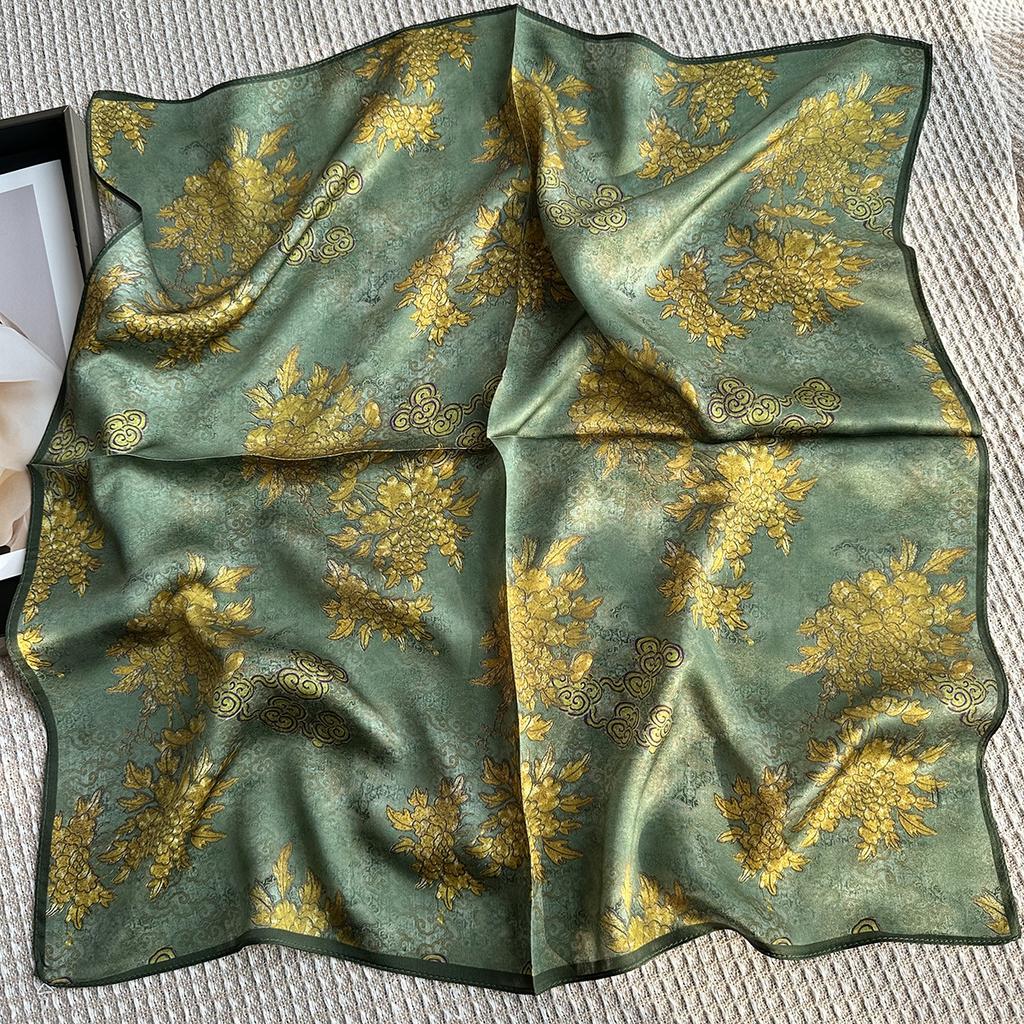 Green dark pattern flower silk silk scarf women's Hangzhou silk 71 square scarf autumn and winter warm neck protection small scarf