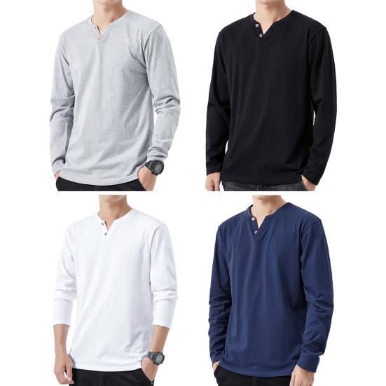 Men Fall Spring Top Buttoned V Neck Long Sleeves Pure Color Loose Pullover T-shirt Daily Wear Sport Homewear Clothes