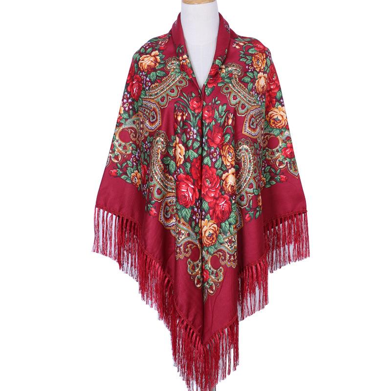 Russian Plus Size Women's Tassel Shawl - Vintage Ethnic Printed Square Scarf