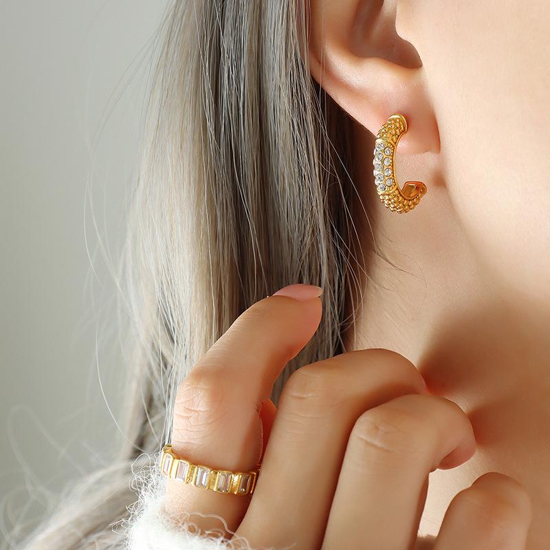 18K Gold Plated Zirconia C-shaped Earrings - European & American Design, Non-fading Titanium Steel Studs