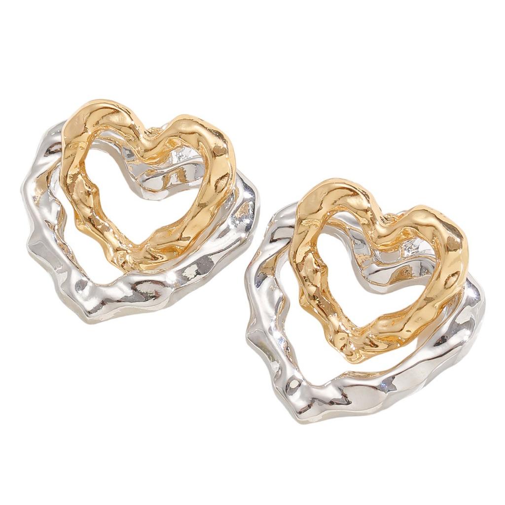 2026 New Gold Silver Color Heart Splice Stud Earrings for Women Fashion Metal Double Layer Heart Geometric Earrings Jewelry