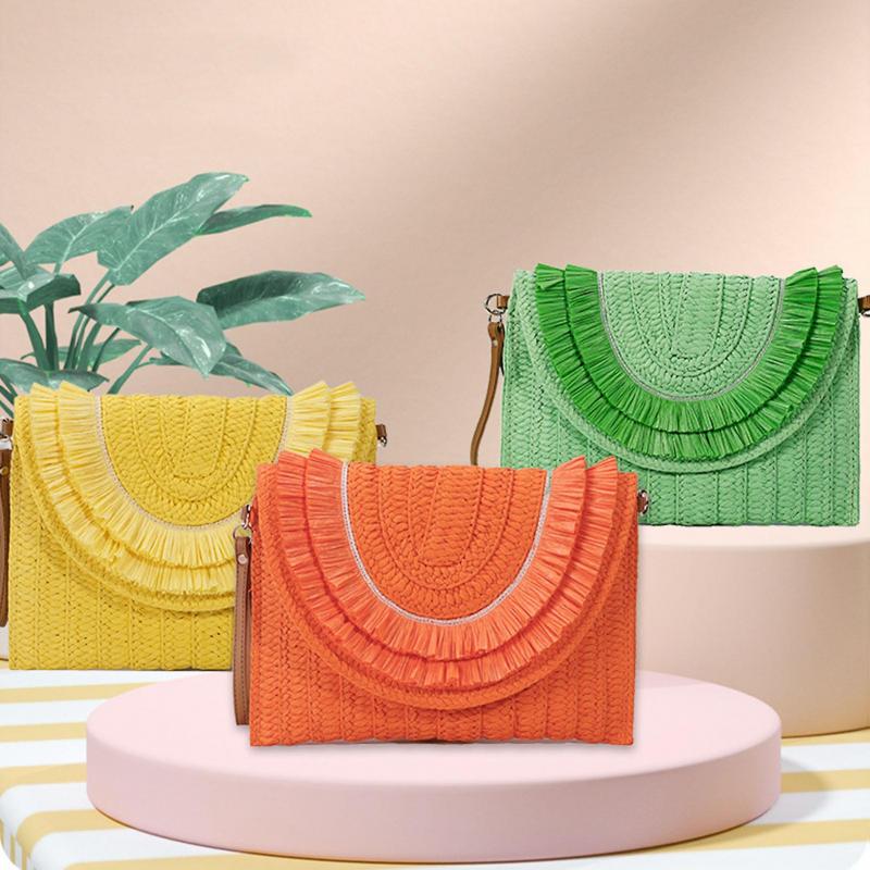Handtasche Stroh Schultertasche Strand Handgefertigte Tasche Große Kapazität Fransen Magnetverschluss Stroh Umhängetasche Gewebte Umschlag Geldbörse mit Verstellbarem Schulter