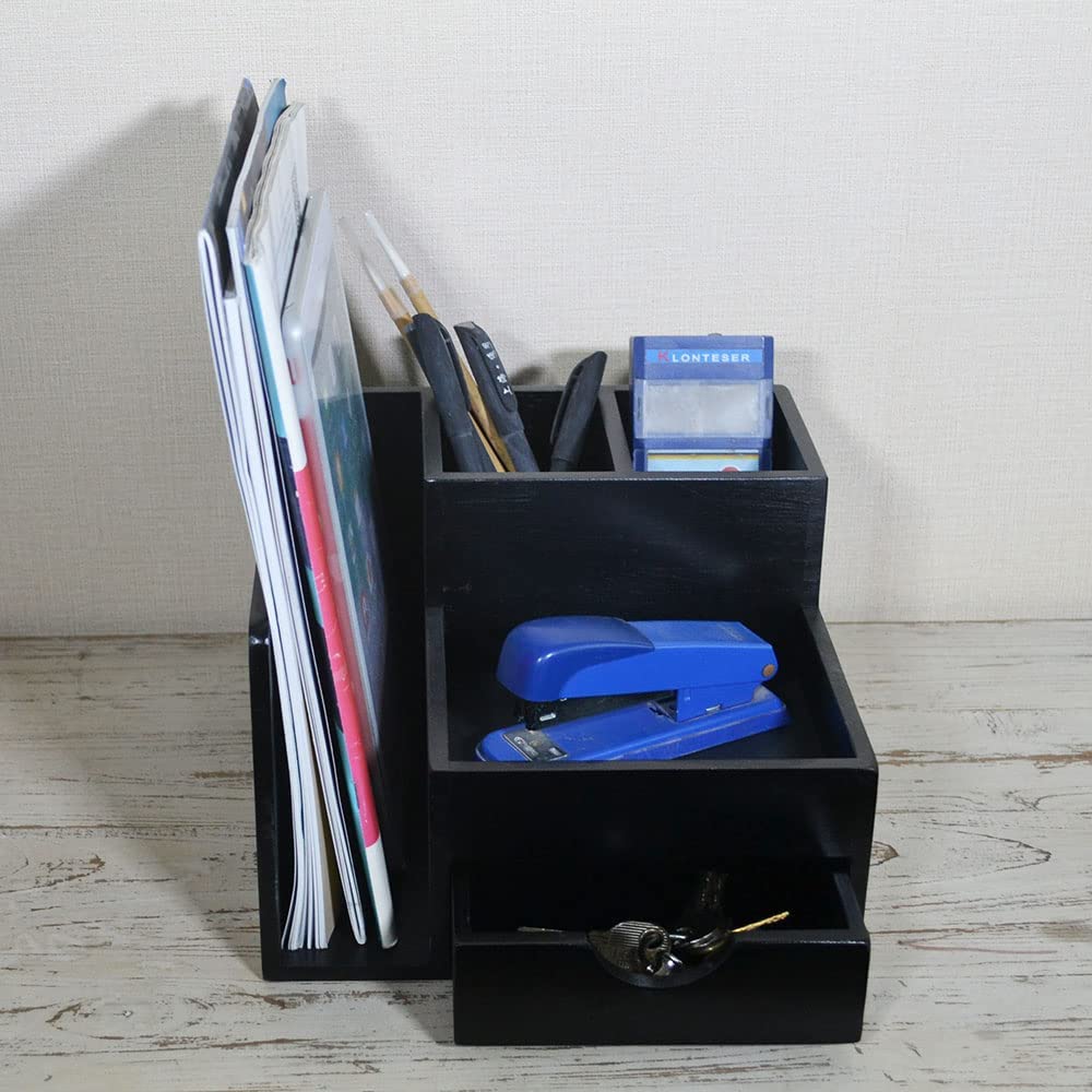 Juleduo Wooden Desktop Storage Organizer with Pen and Remote Control Rack Drawers, Bookshelf, Holder, (Black)