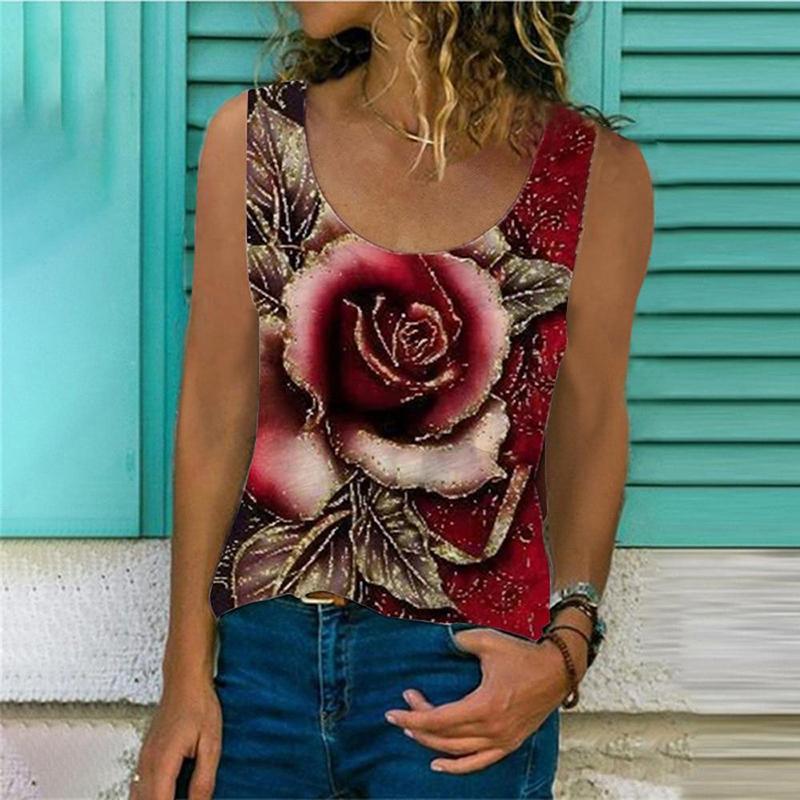 Fashion Woman Sleeveless Round Neck Rose Print Blouse Summer Casual T-shirt Loose Vest Shirts Elegant And Youth Top 25440