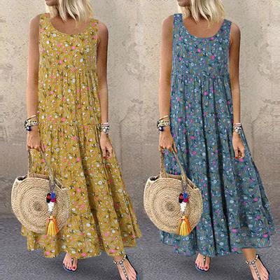Women Plus Size Casual Loose Sleeveless Floral Daily Linen Print Long Maxi Dress