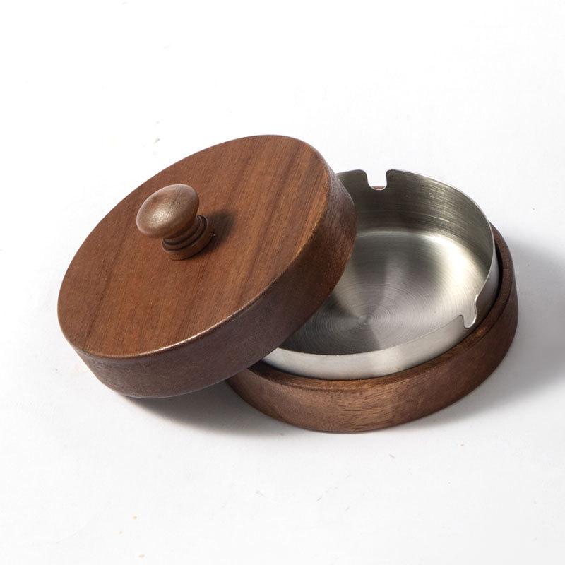 Gold-Stainless Steel Ashtray with Lid, Solid Wood Base – Anti-Ash Design for Home and Office, Ideal Gift.