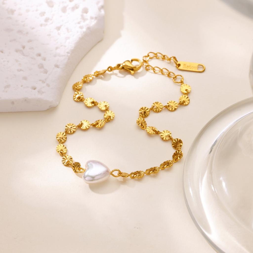 Stainless Steel Geometric Heart Cross Pearl Link Bracelets For Women Gold Color Pearl Bracelet Fashion Luxury Jewelry Gift