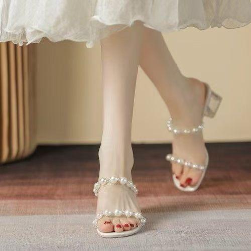 Pearl Word with Slippers Women's Daily Thick Heel Open-toed Cool Slippers 2025 Summer Fashion Korean Version Outer Wear High-heeled Sandals