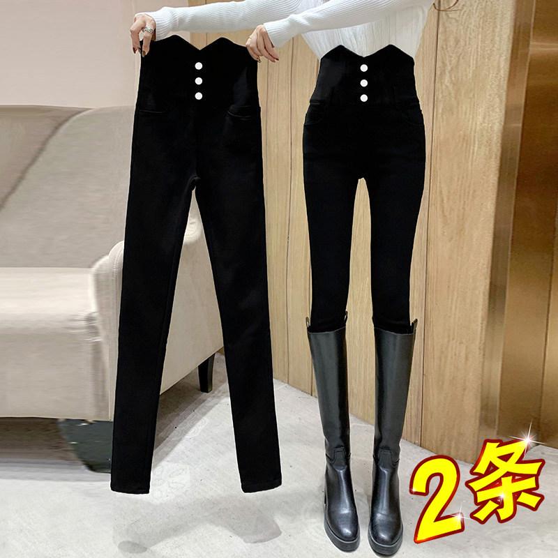 Women's Plus Velvet Thick Black Leggings: Elastic, Skinny, Pencil Pants for Spring, Autumn, Winter.