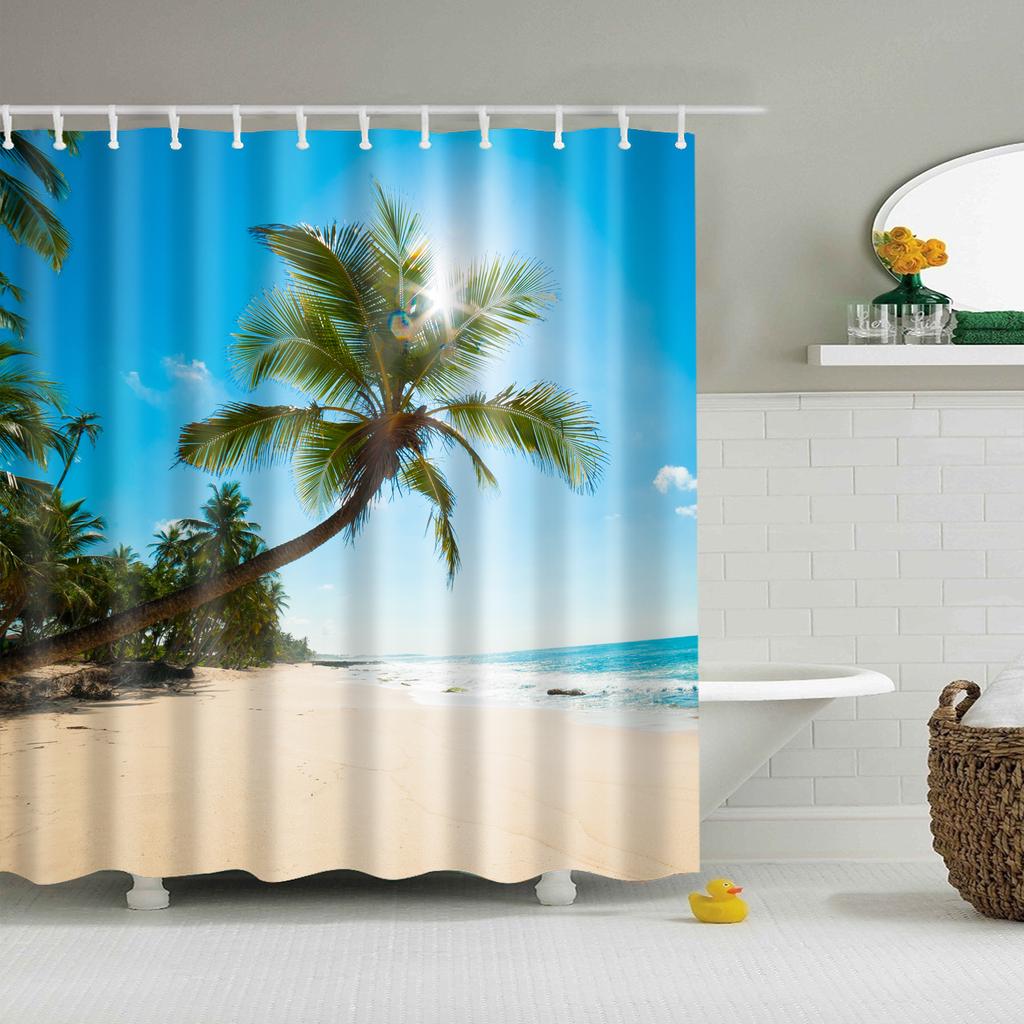 Meeresufer Strand Meereswelle Kokospalme Duschvorhänge Badezimmervorhang Stoff Wasserdicht Polyester Badvorhang Mit Haken