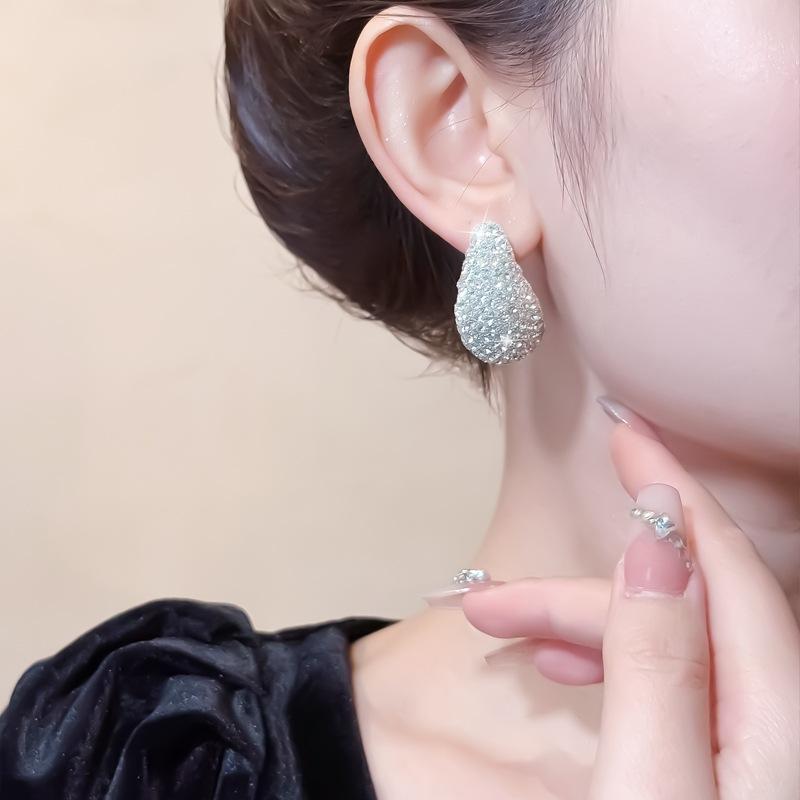Temperament Rhinestone Stud Earrings Women'S Fashion Retro Super Flash Semi-Round Water Drop Earrings High-End Full Diamond Light Luxury Earrings
