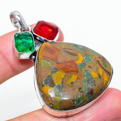 Natural Bamboo Jasper, Garnet Gemstone 925 Sterling Silver Pendant 2.21" B3e74