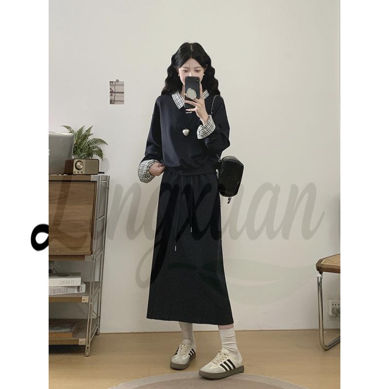 

Spring 2026 Plus Size Women s Korean Casual Patchwork Hoodie & Skirt Set L