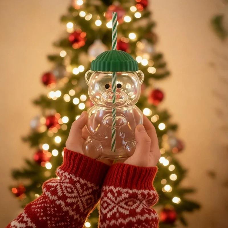 Best Stylish Bear Glass Cup Green Lid Stripes Straw For Coffee Tea Ideal Kids Holiday Gift with Kid Friendly Entertaining Fun Play Safe