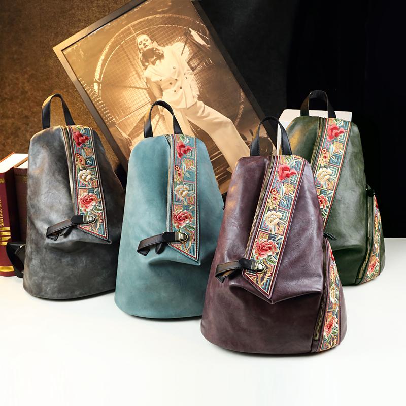 Retro Echtes Leder Damen Rucksack Besticktes Design Damen Tasche Reise Rucksäcke Mutter Diebstahlsicherer Rucksack Modetrend