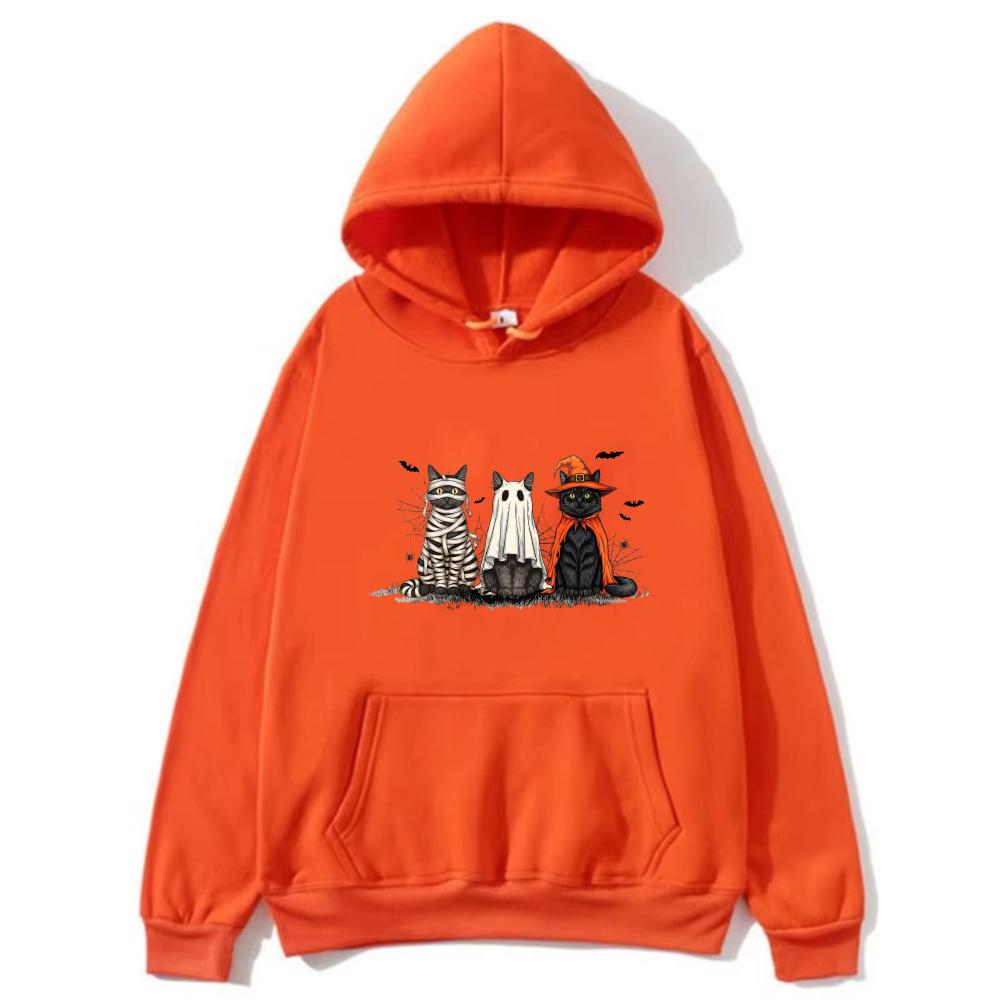 Halloween Costume Cat Women Hoodie Unisex Trendy Outerwear Mummy Ghost Witch Feline Bat Web Accents Casual Fashion Autumn Pullovers