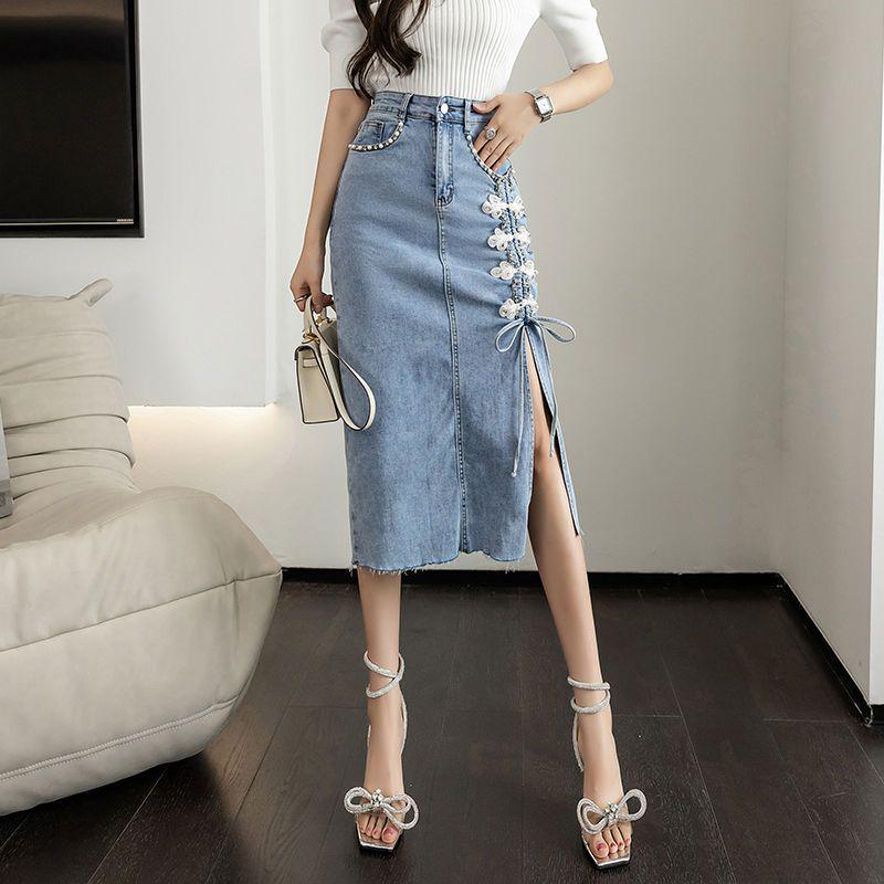 Damen Perlenbesetzter High-Waist Denimrock - Sommer 2025 Schlitz A-Linien-Stil