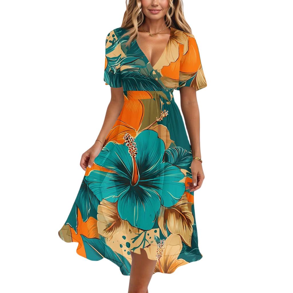 Women's Fashion Casual V Neck Short Sleeve Ruffled Vintage Printed Dresses