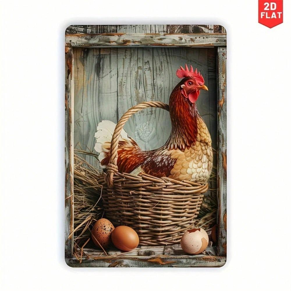 Metal Chicken Egg Farmhouse Tin Sign Vintage Wall Art Rustic Kitchen Decor Country Living Retro Plaque