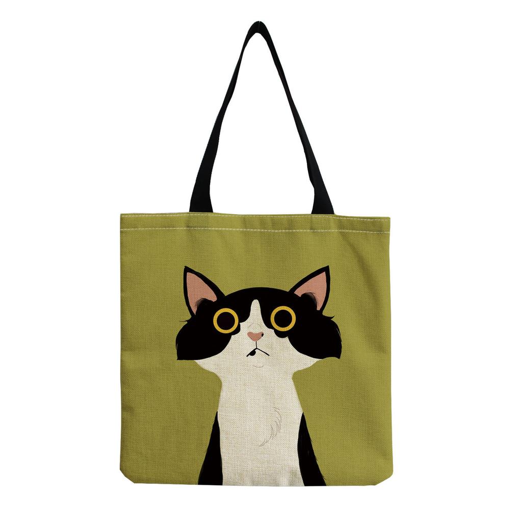 Women Vintage Linen Tote Bag - Large Capacity Cat Print Shoulder Handbag for Casual & Grocery Shopping KTB
