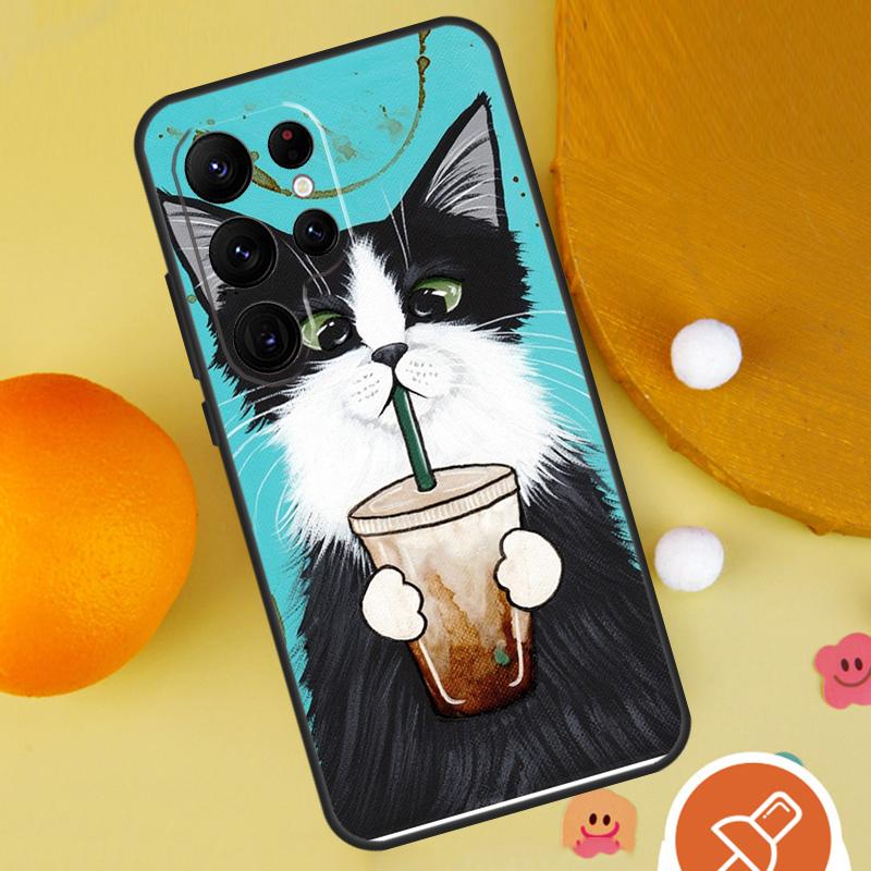 Cute Animal Cat Coffee Case For Samsung Galaxy S25 Ultra S24 S23 S22 S21 Ultra S9 S10 S20 Plus S24 FE Funda Cover
